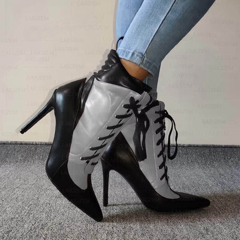 Faux Leather Pointed Toe Faux Leather Thin High Heels Short Boots Ladies Shoes