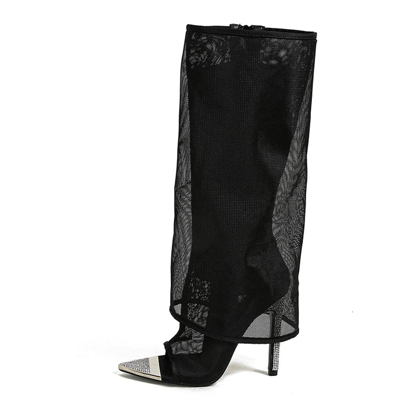 exy Metal Pointed Toe Black Mesh Knee High Boots Sandals Women