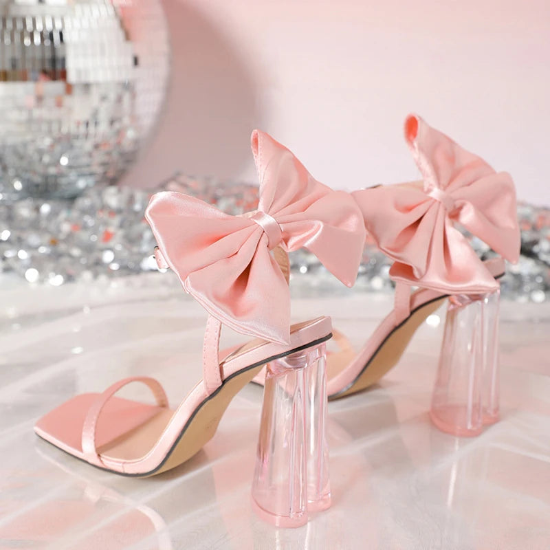 Fashion Design Pink Silk Bowknot Sandals Female Sexy Square Toe Buckle Strap Summer Shoes