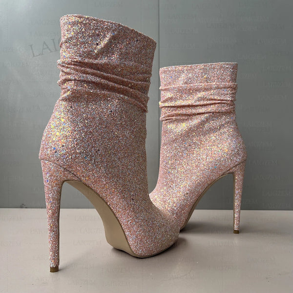 Bling Glitter Women Ankle Boots Peep Toe Stiletto High Heels Pleated Short Booties