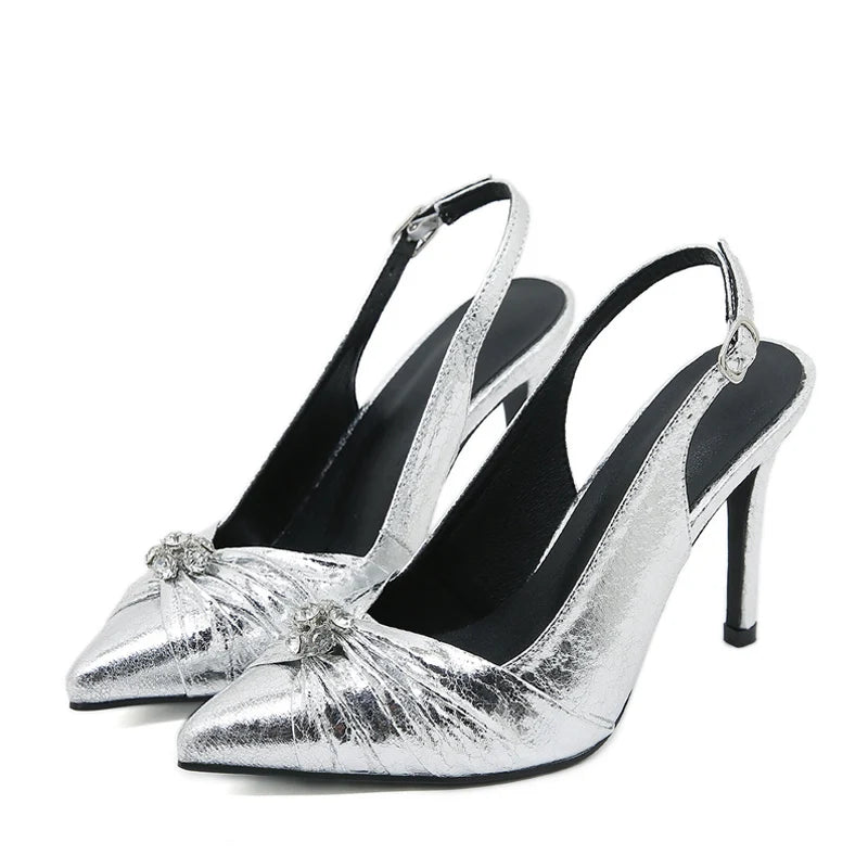 Spring Shoes Women Pumps Fashion Pleated Pointed Toe Silver High Heels