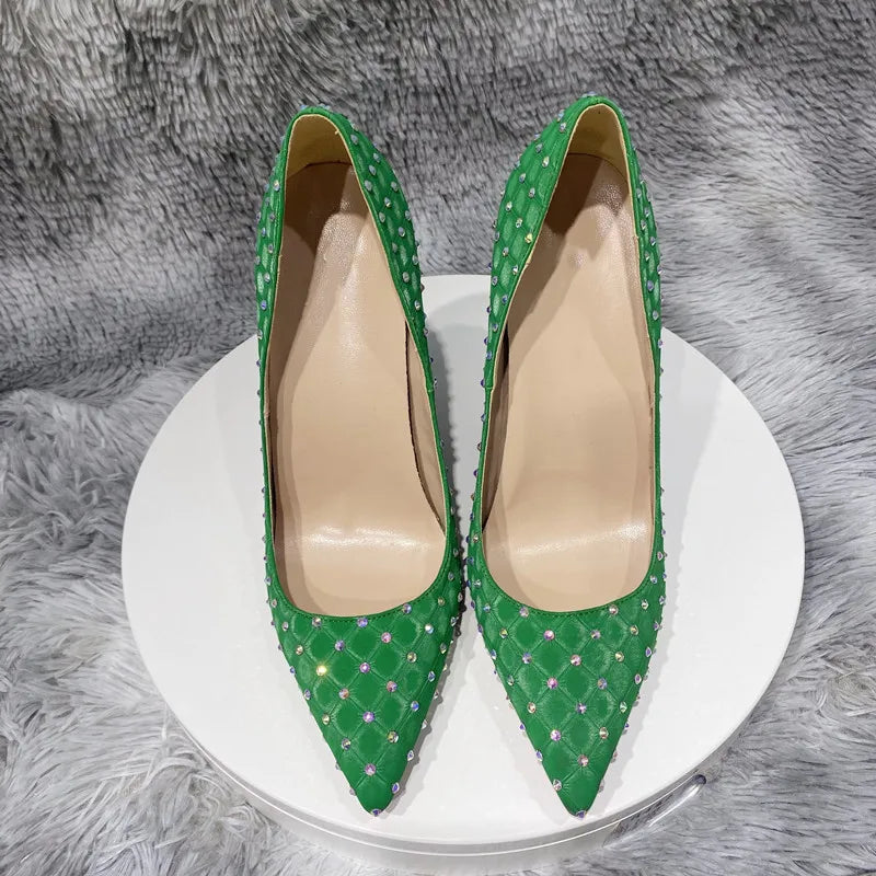 Rhinestones Women Green Flock Fabric Plaid Pointy Toe High Heel Shoes