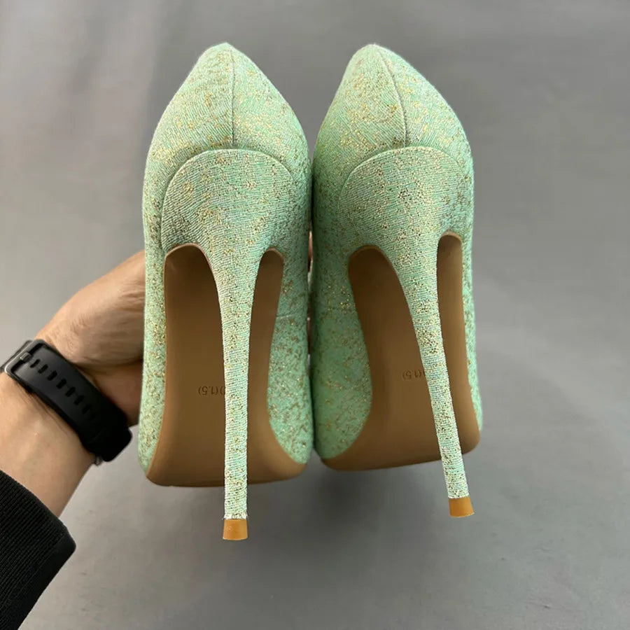 Glitter Green Women Pointy Toe High Heel Shoes