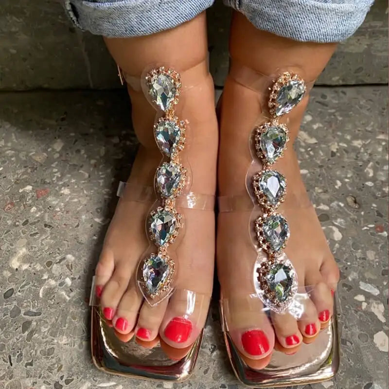 Women Square Toe Rhinestone T-Strap  Flat Sandals Casual PVC Summer Sandals