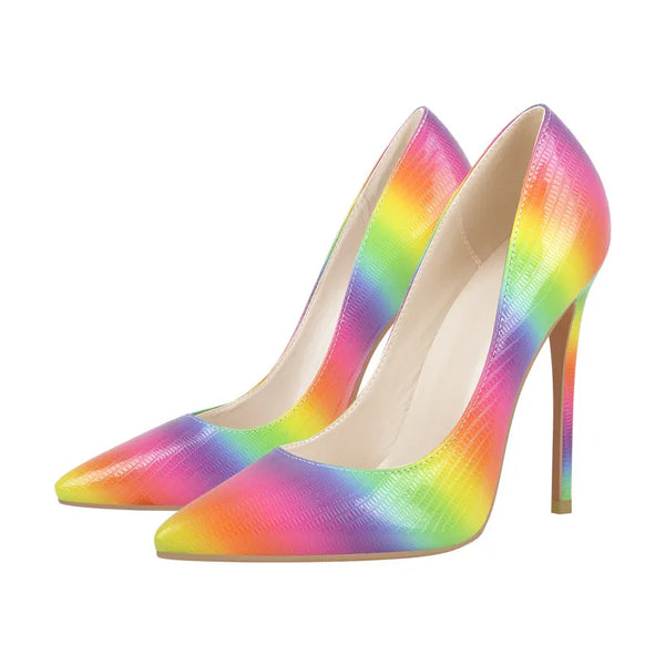 Women Rainbow Pointed Toe Stilettos Pumps Slip On Shoes