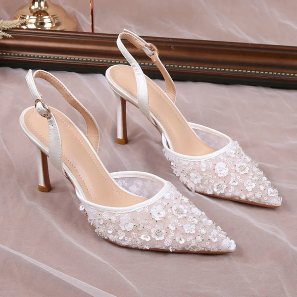 Summer Lace Beaded Wedding Shoes Back Strap High Heels Bridesmaid Sandals