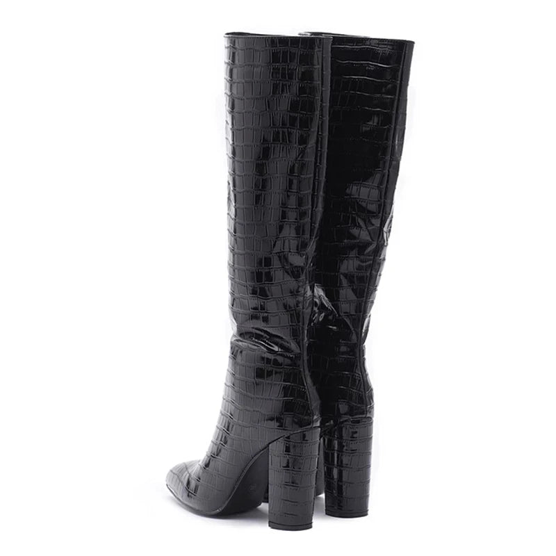 Sexy Green Snake Print Leather Knee High Boots Women Square Heels Winter Long Shoes