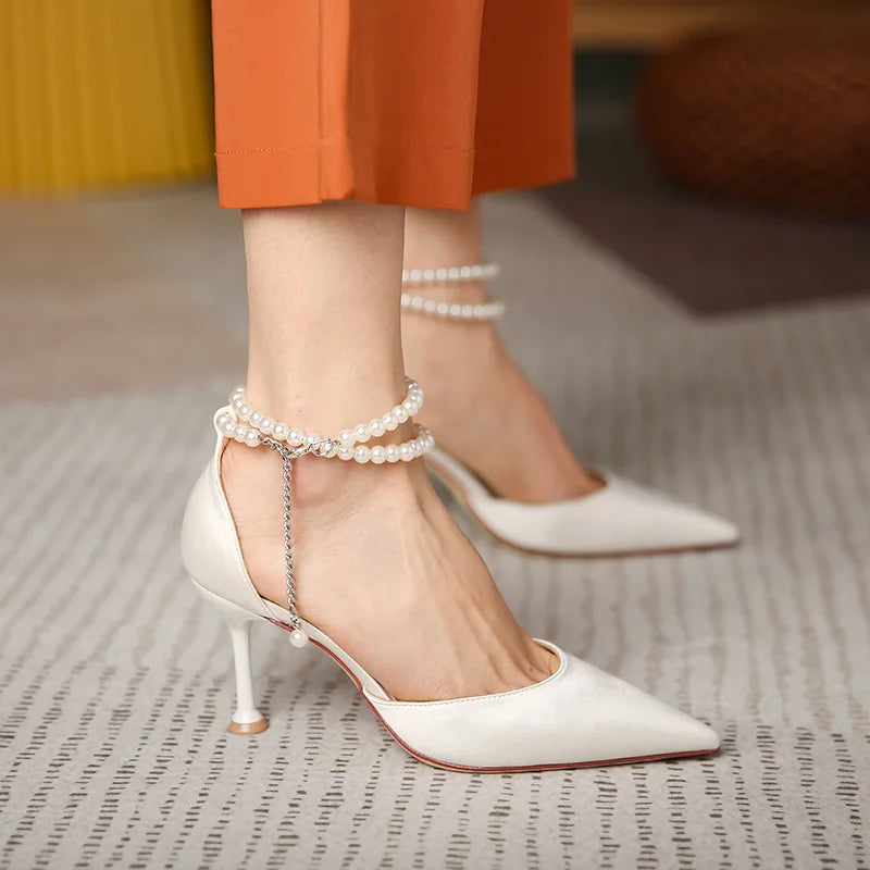 Women's Fashion Stiletto Strap Pearl Butterfly Pointed Toe High Heel Shoes Women's