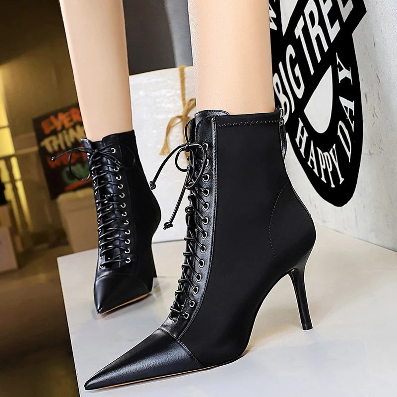 Cross Straps Sexy Women Boots Pointed Toe Stiletto High-heel Boots