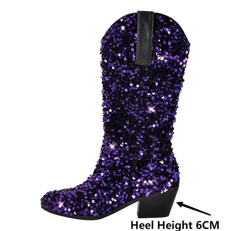 Women Glitter Pointed Toe  Knee High Boots