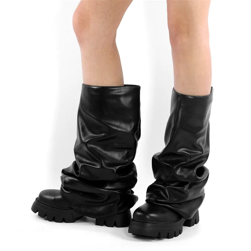 Women Fold Over Boots Round Toe Webs Handmade Female  Mid-Calf Boots