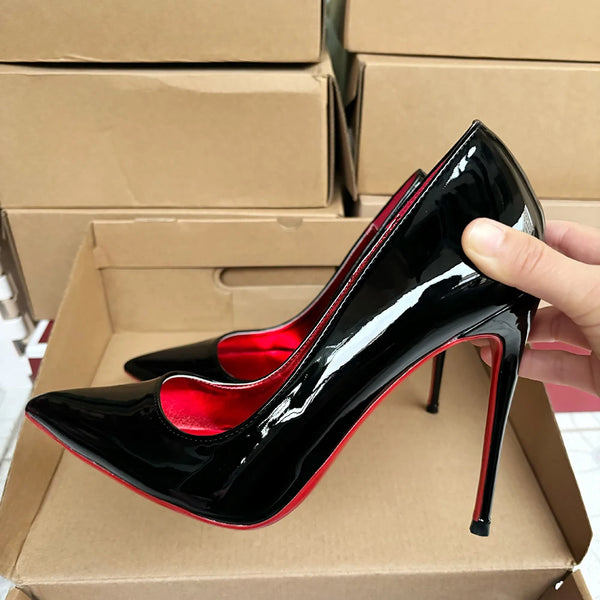 12cm Women Sexy Elegant Pumps Stilettos Sexy Shiny Black Red Inside High Heels