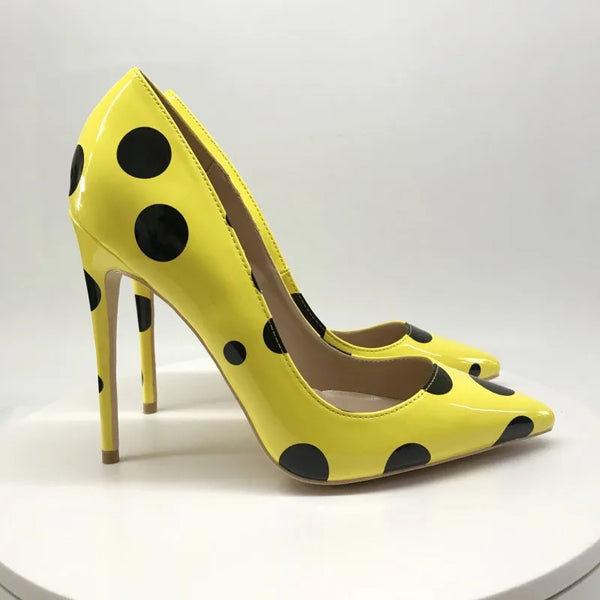 12cm black polka dots female yellow stilettos high heels