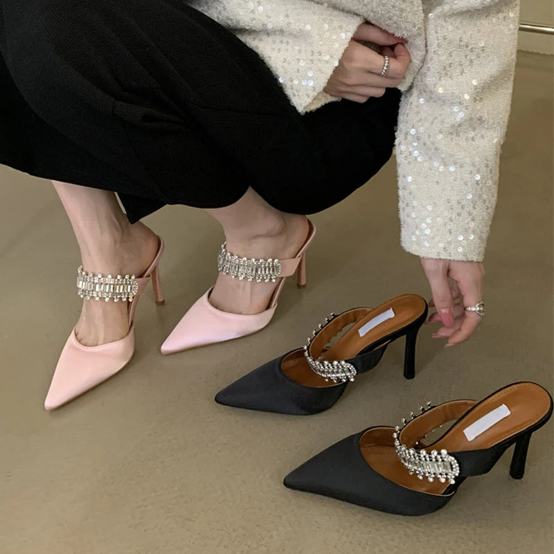 Rhinestones Satin Women Pumps Slippers Elegant Pointed Toe High Heels