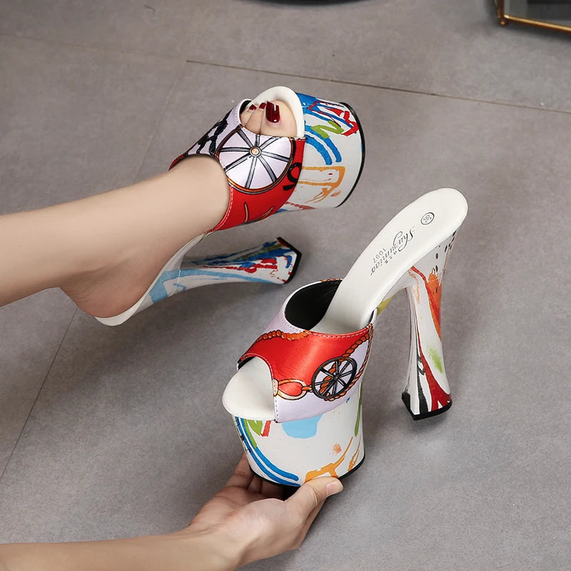 Summer Slipper Fashion Printing 18CM Super High Heel Women Sandals