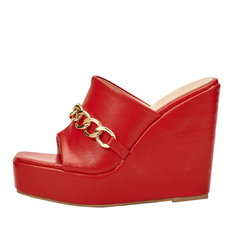 New Leather Red Platform Wedges Slippers Summer Peep Toe Sexy Super High Heels