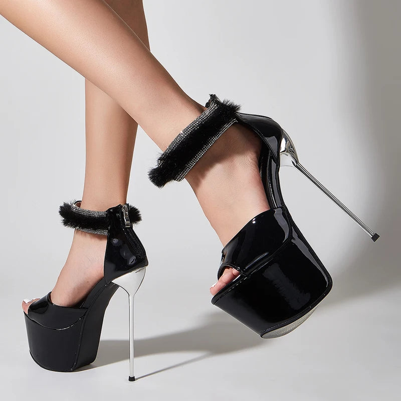 Summer Fashion Crystal Faux Fur Ankle Strap Women Platform Sandals