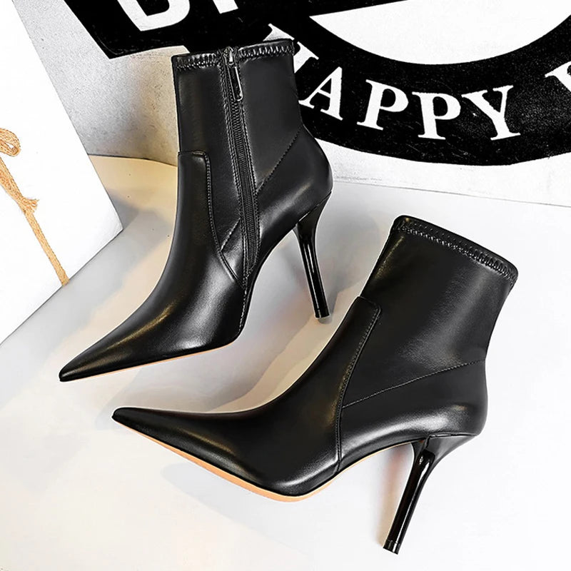 Black Sexy Women Sexy High-heeled Boots Female Pu Leather Boots