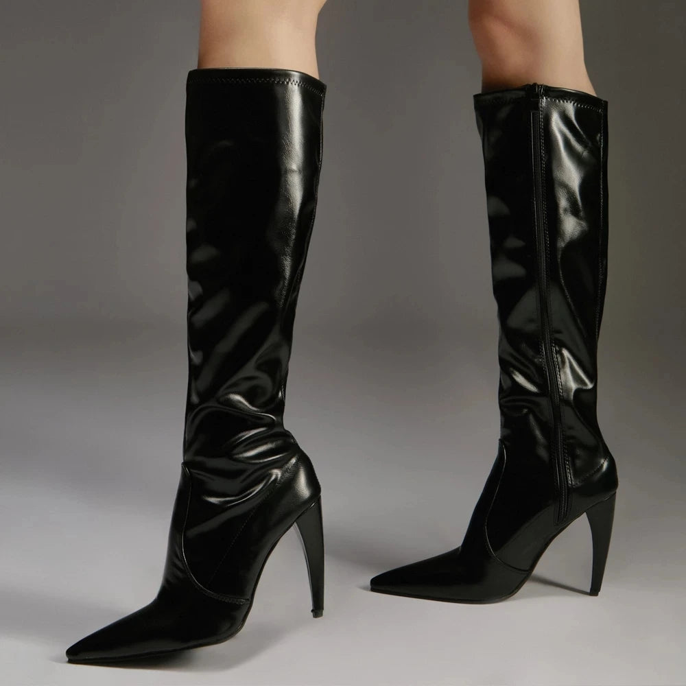 Knee-high Boots 10CM Super High Heel Pointed-toe Zip Slim Solid PU Leather Boots