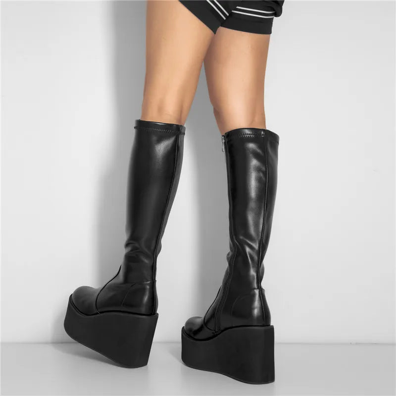 Platform Round Toe Wedges Boots Matte Black Knee High Zipper Big Size Fashion Boots