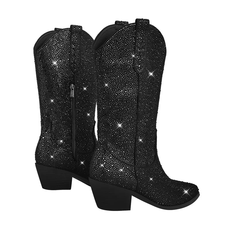 Women Knee High Boots Rhinestone Booties