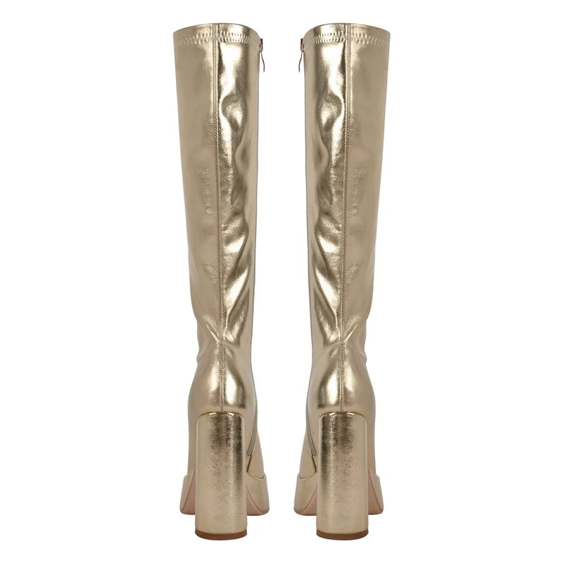 Platform Square Toe Side Zipper Knee High Boots