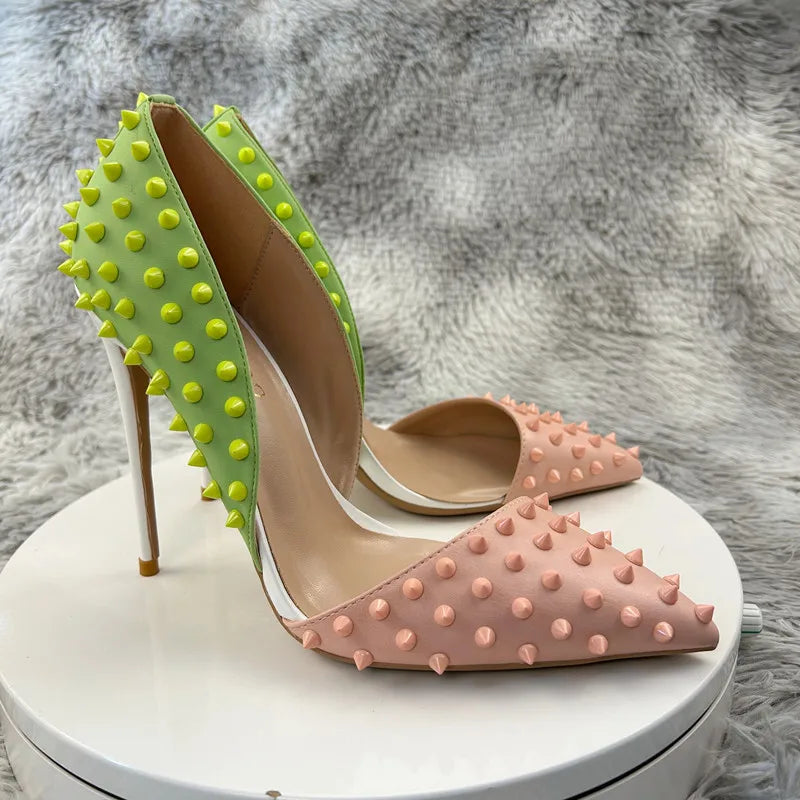 pink yellow spike stud open in the middle high heel women