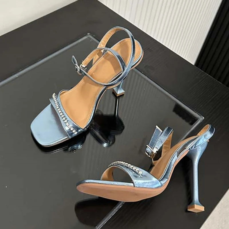 New Design Crystal Rhinestone Sandals Women Fashion Square Toe Strange Thin High Heels