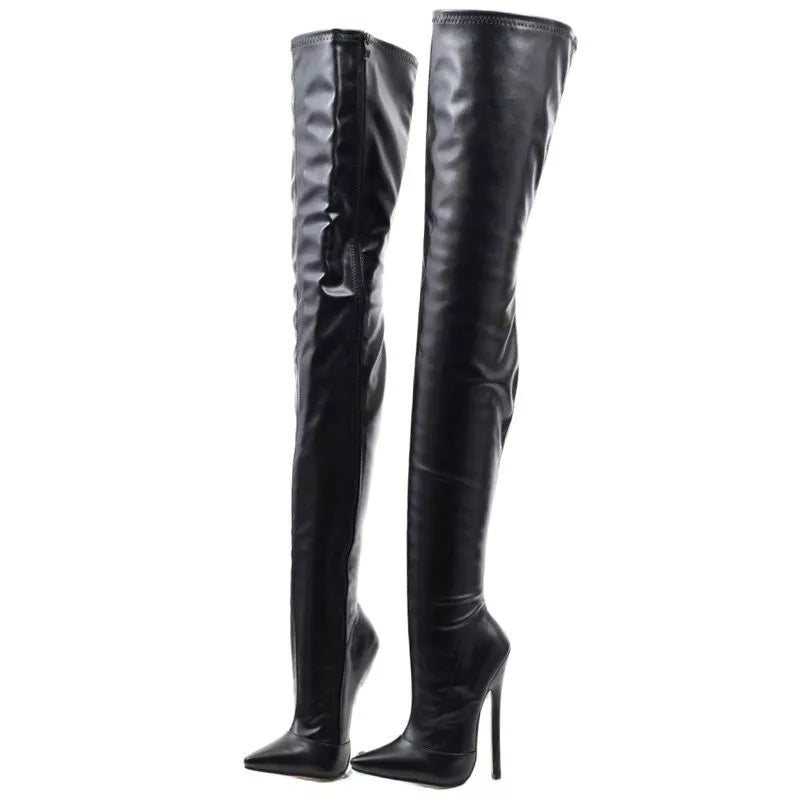 Women Over the Knee Boots 18CM Super High Heel Pointed toe Zip PU Leather Crotch Long Boots