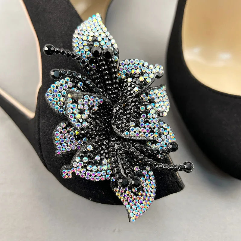 Glitter Rhinestones Flower Women Black Flock Suede Round Toe High Heel Shoes