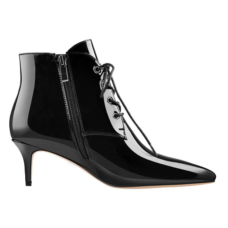 Black Patent Leather Pointed Toe Lace-up Kitten Low Heel Booties