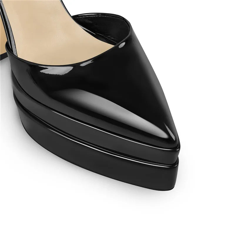 Women Platform Black Patent Leather Thin Heels