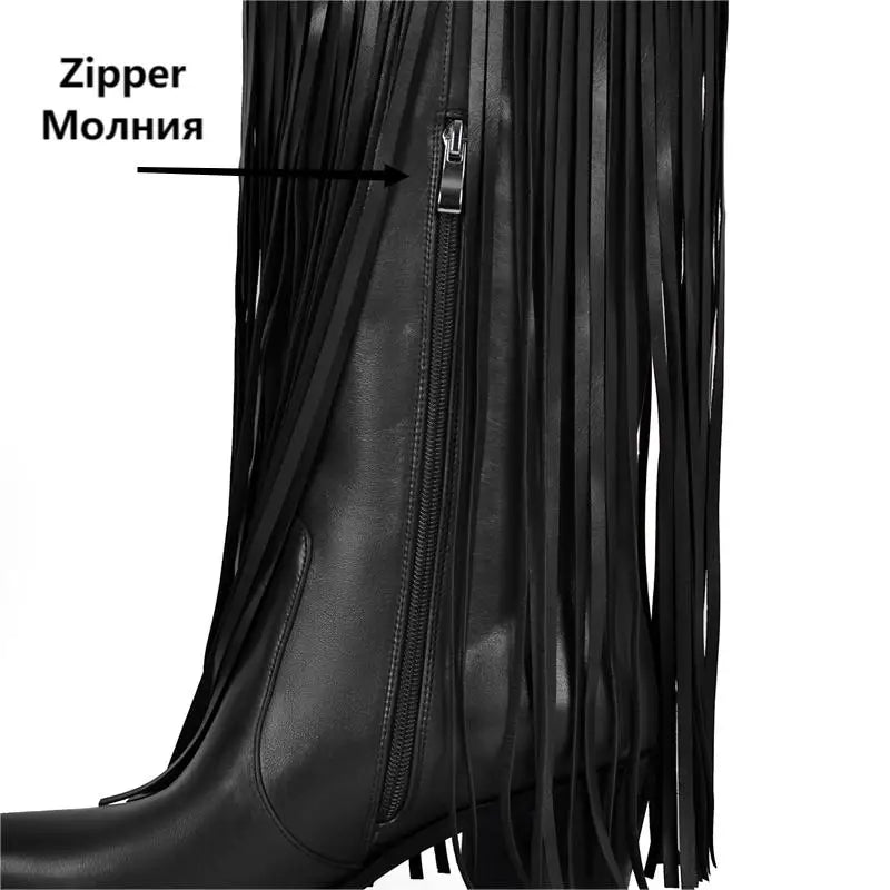 Black Fringe Over The Knee Boots   Chunky Heel Winter Pointed Toe Female Wstern Boots