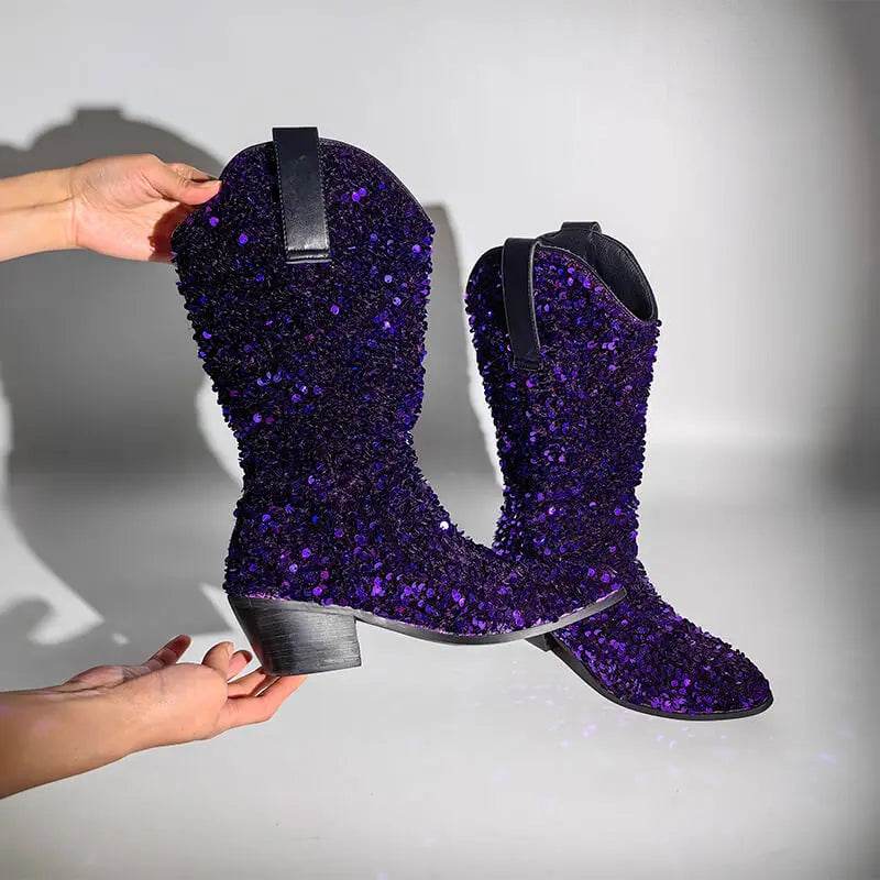 Women Glitter Pointed Toe  Knee High Boots