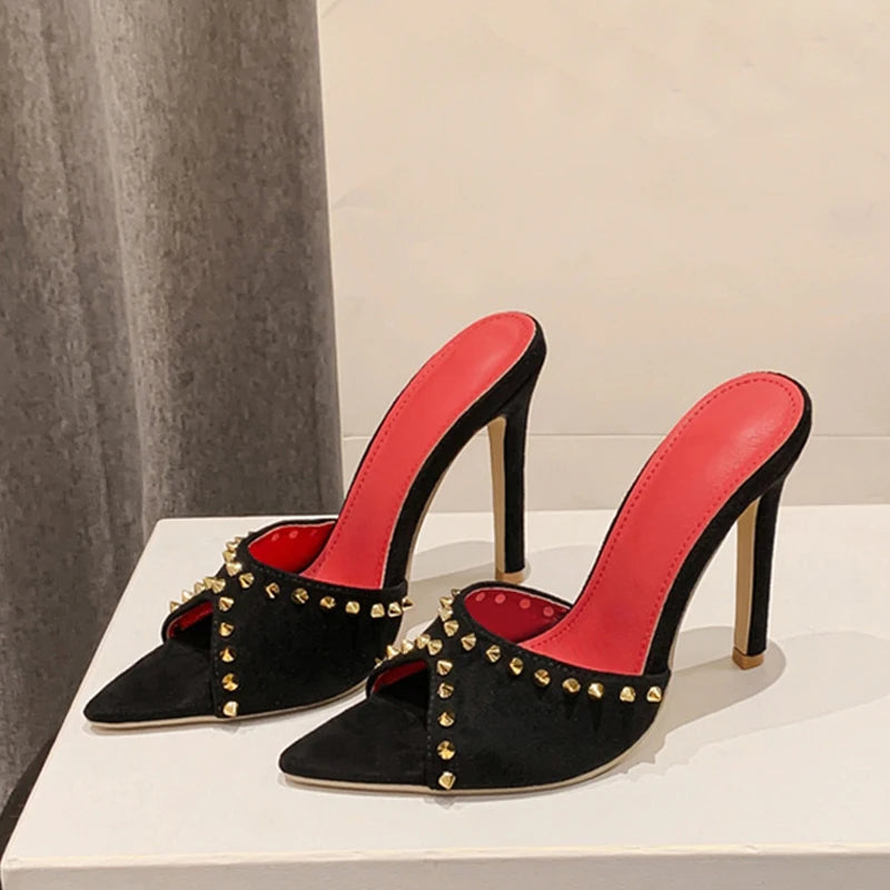 Summer Fashion Metal Rivet Designer High Heels Women Slippers