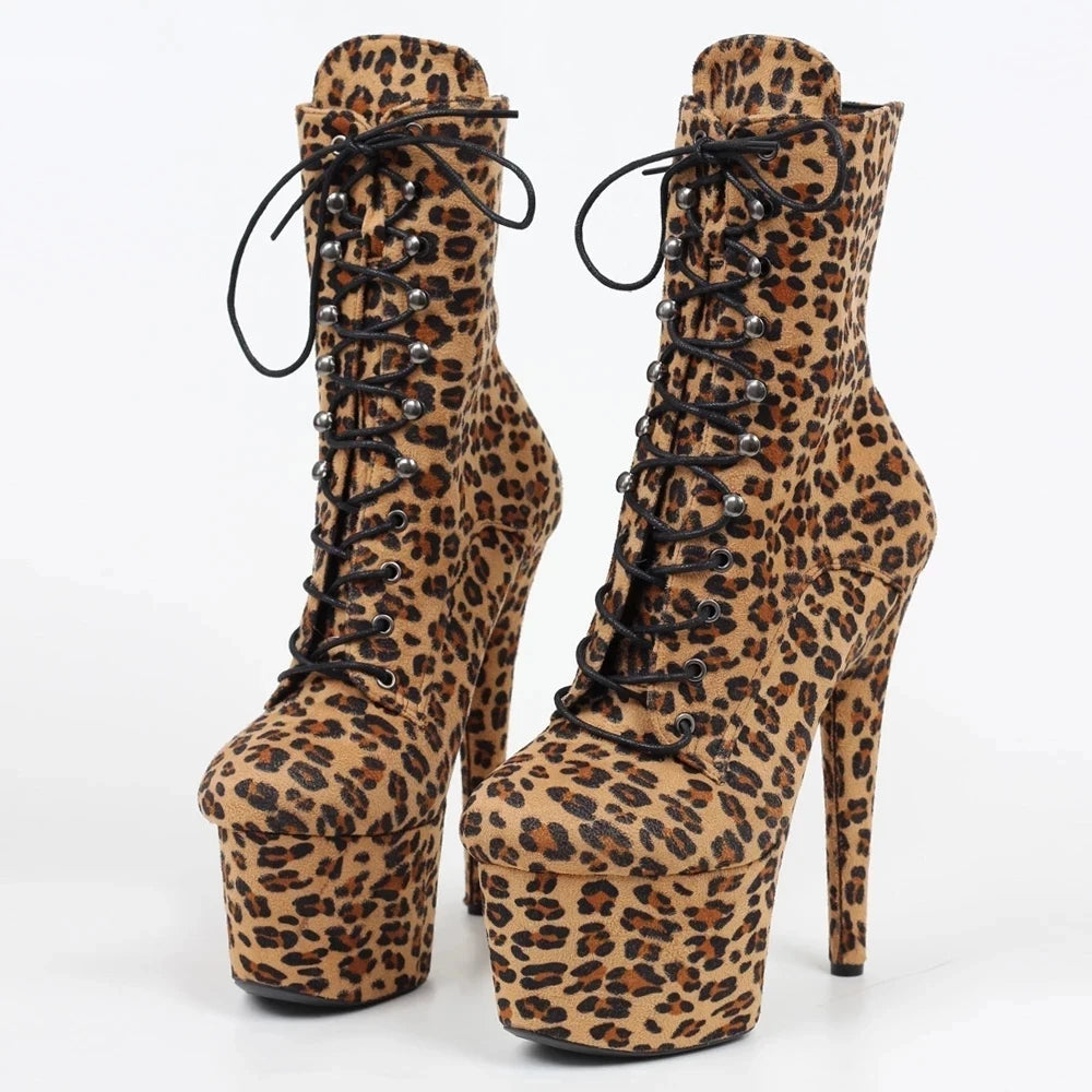 Unisex Sexy Leopard Print 17cm High Heel Ankle Boots Waterproof Women