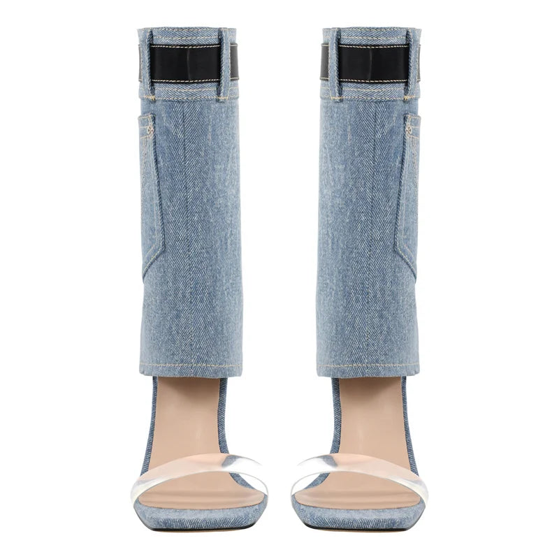 Women Summer Sandals Denim Square Toe Stiletto Ankle Elegant Big Size Female Sandals