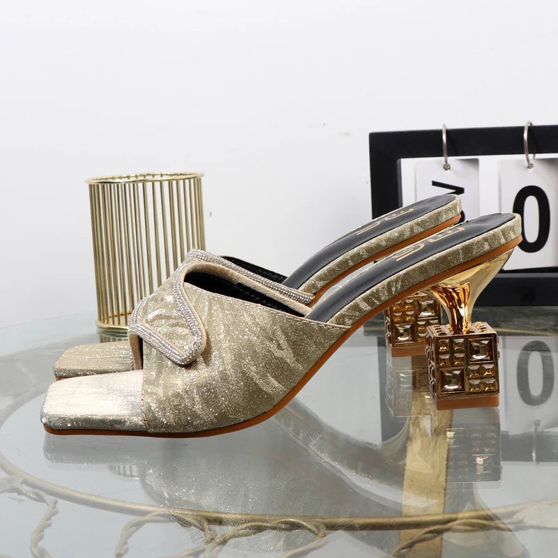 Luxury gold slippers in the fall of  the new special-shaped high-heeled shoes