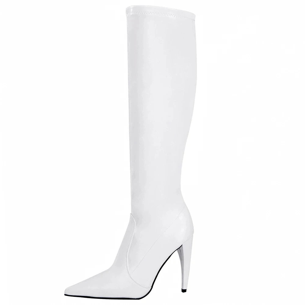 Knee-high Boots 10CM Super High Heel Pointed-toe Zip Slim Solid PU Leather Boots