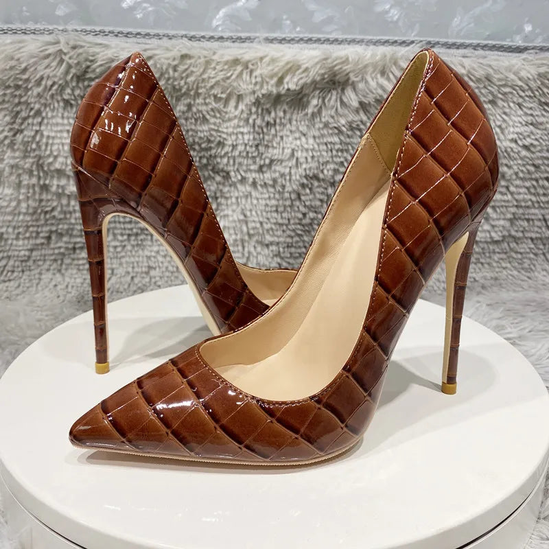 Coffee Brown Crocodile Women Sexy 12cm High Heels Party Shoes