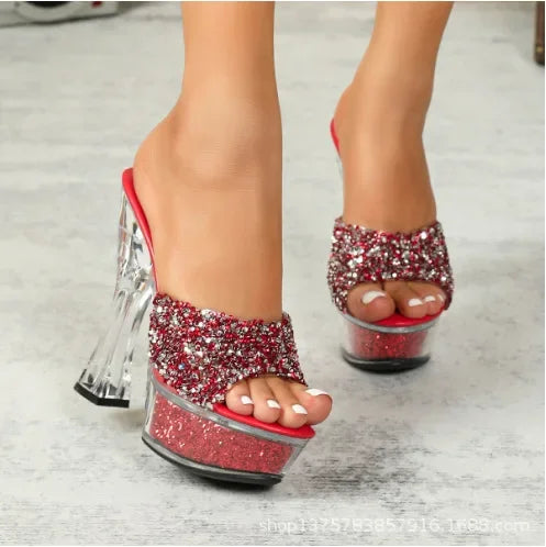 Luxury Party Women Slippers 14CM Transparent High Heels Shoes