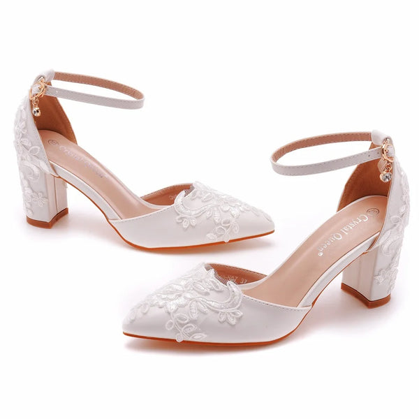 White Lace Wedding Shoes Thick Flower High Heels Women