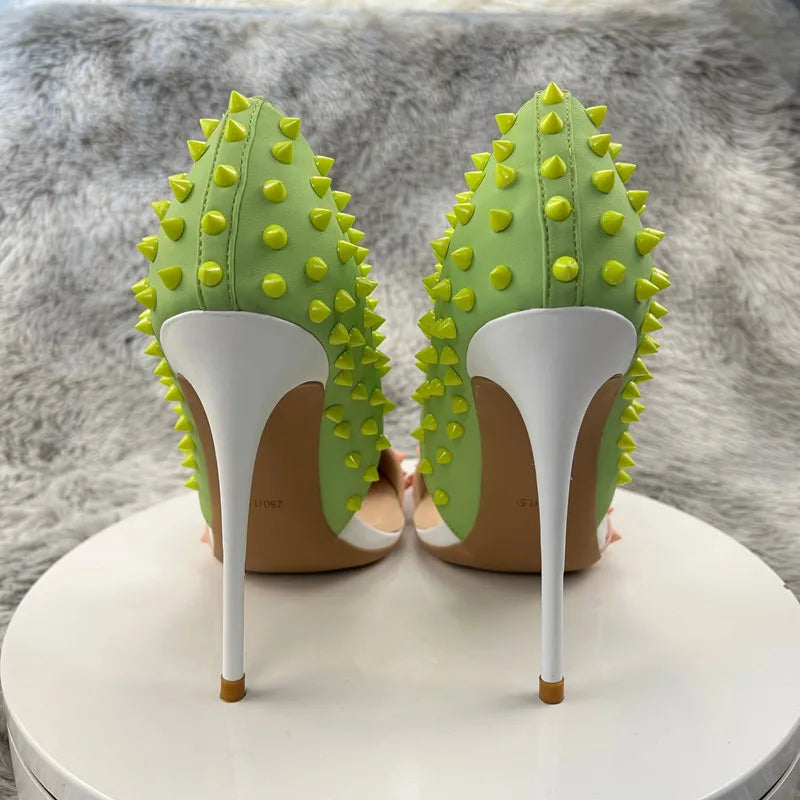 pink yellow spike stud open in the middle high heel women