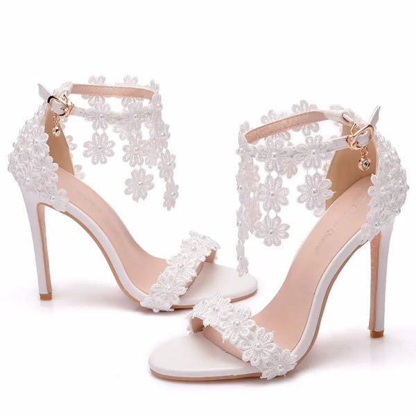 Women Ankle Strap Sandals White Lace Flowers Pearl Tassel  Super Heel Fine High Heels