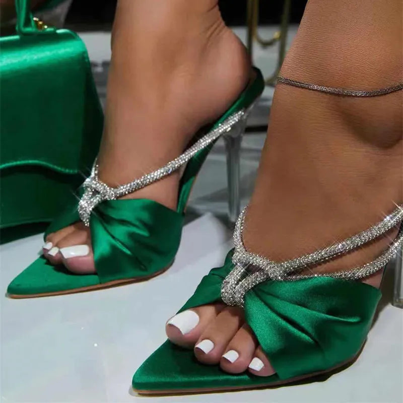 New Arrival Green Silk Crystal Mule High Heels Slippers Sandals