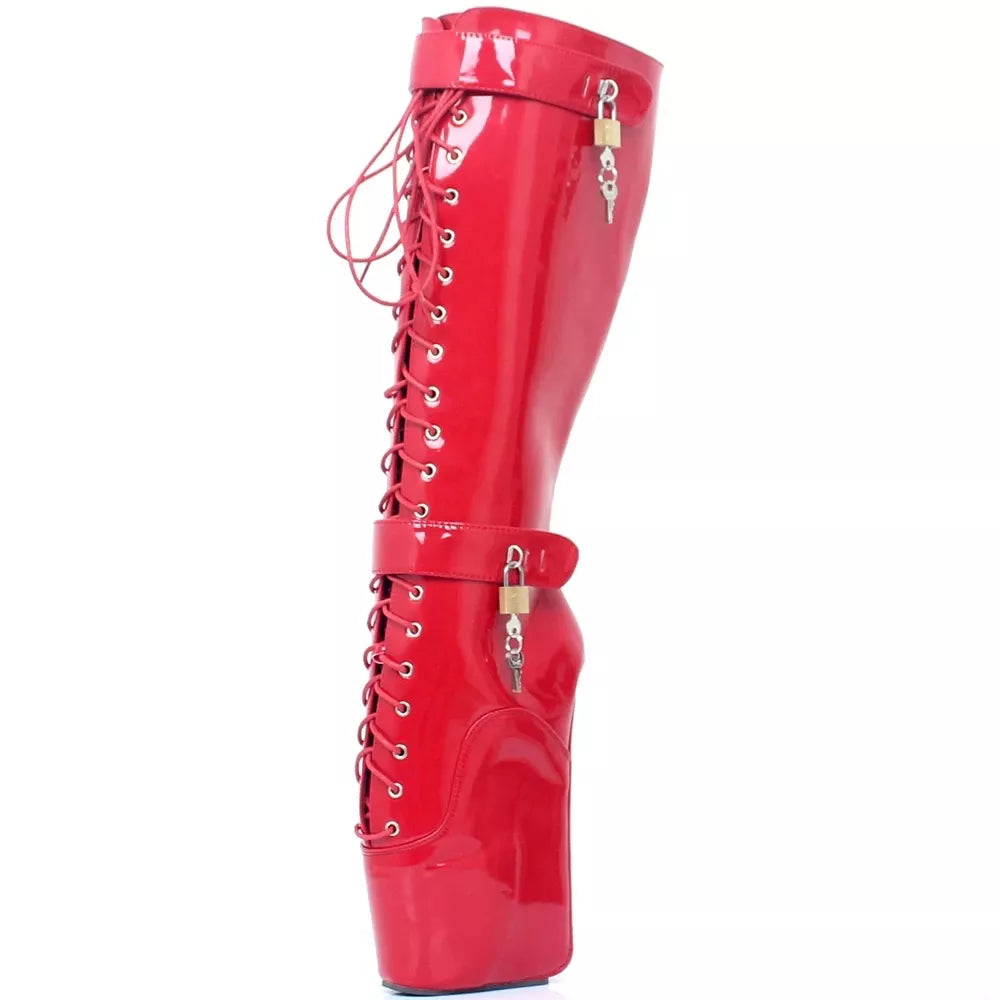 Sexy Ballet Boots 7" High Heel Lockable Strap With Locks Wedge Sole Fetish Exotic Knee-high Boots