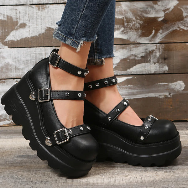 Ladies Goth Platform Pumps Fashion Heart Buckle Rivet Punk Wedges High Heels