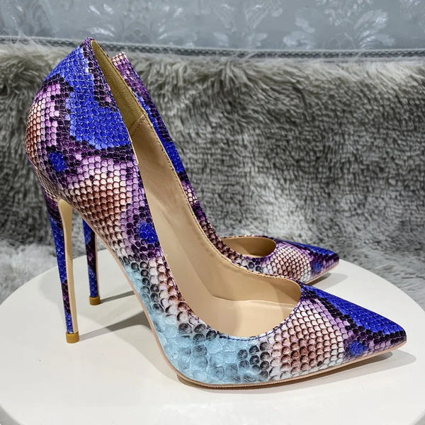 Color blocking snake pattern Leather High Heel Shoes