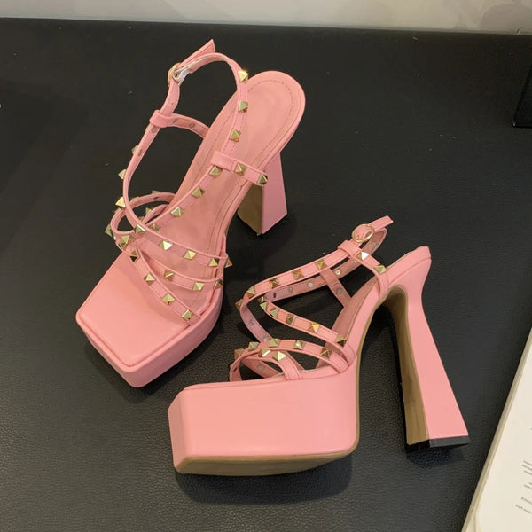 Summer Street Style Open Toe Rivet Women Sandals Platform Square Heel