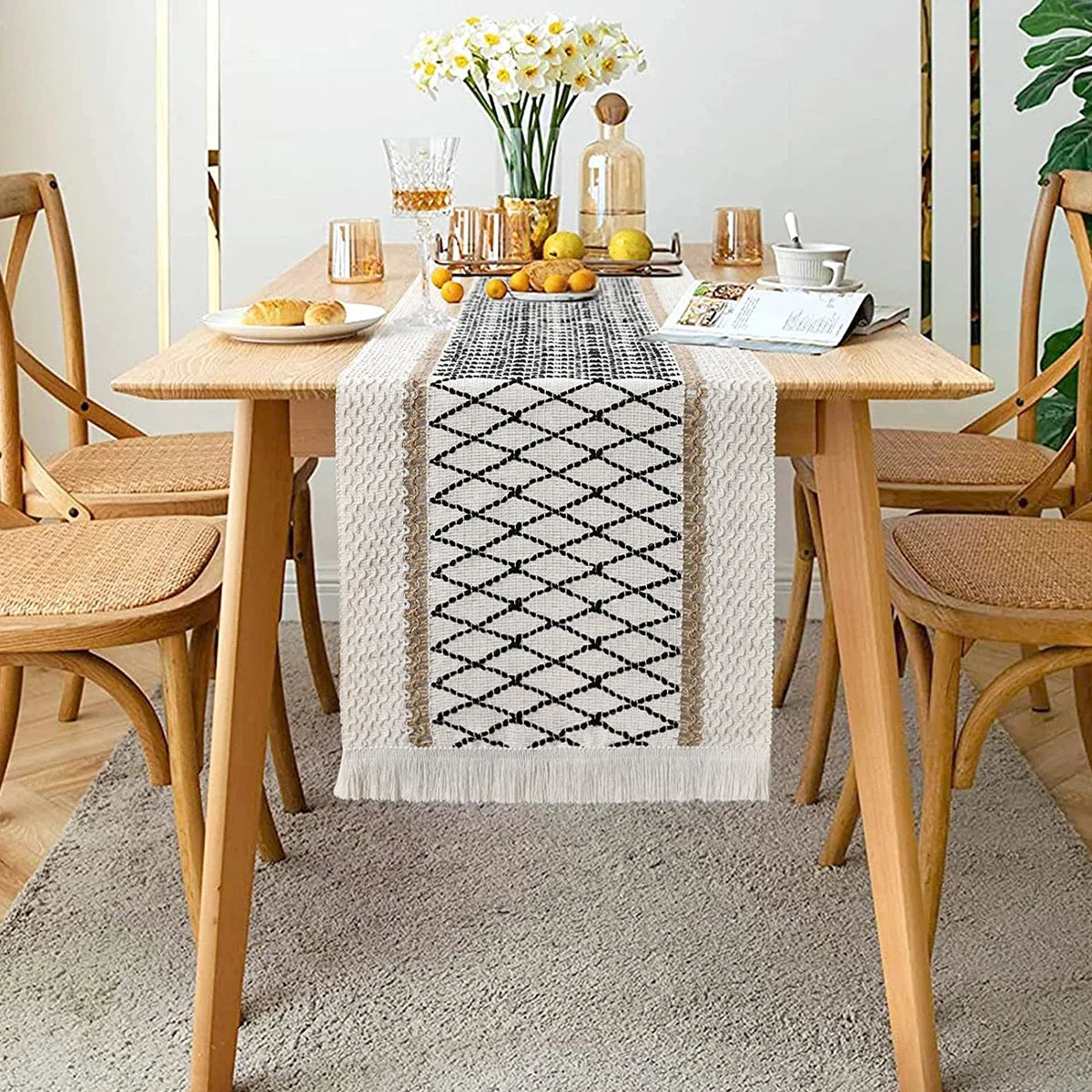 72/108 Inch Table Runner with Tassels Cotton Linen Bohemian Rustic Farmhouse Table Cloth
